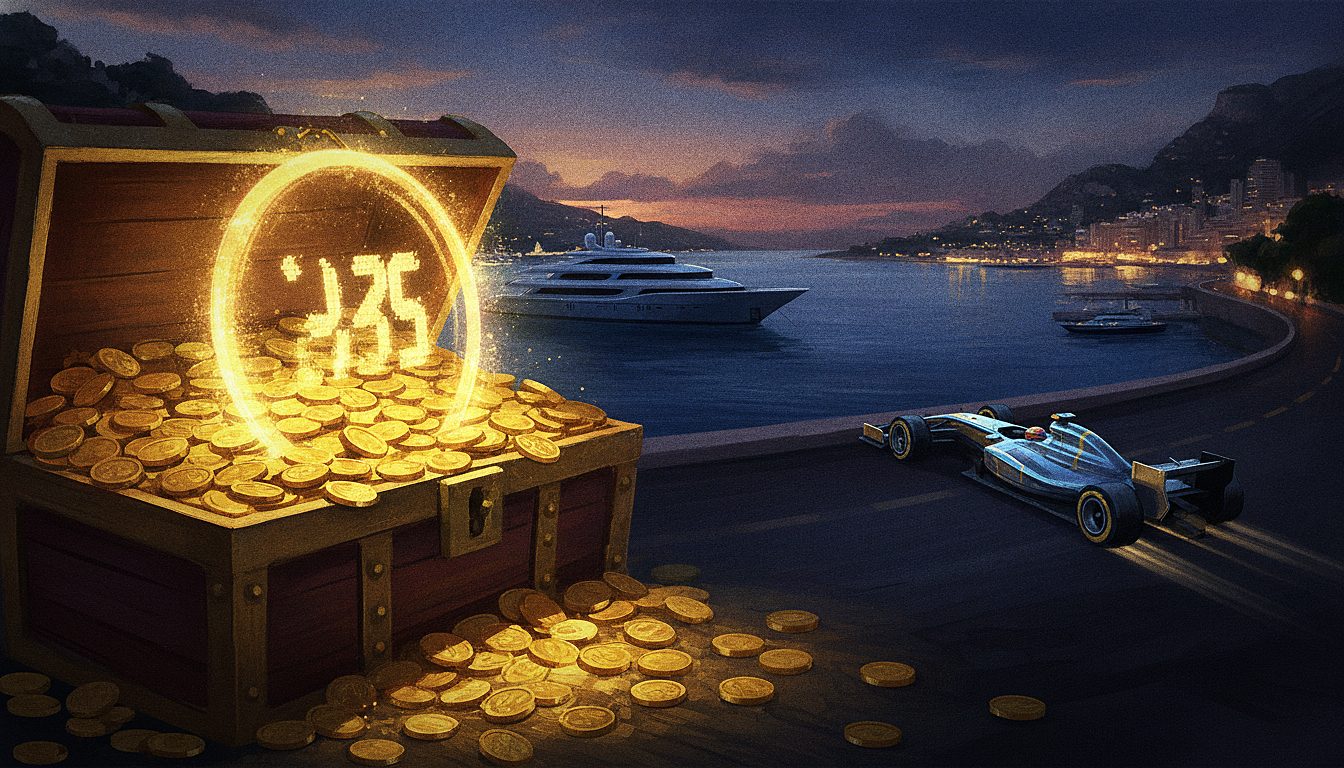 pile of gold coins and a glowing jackpot sign, casino night lighting