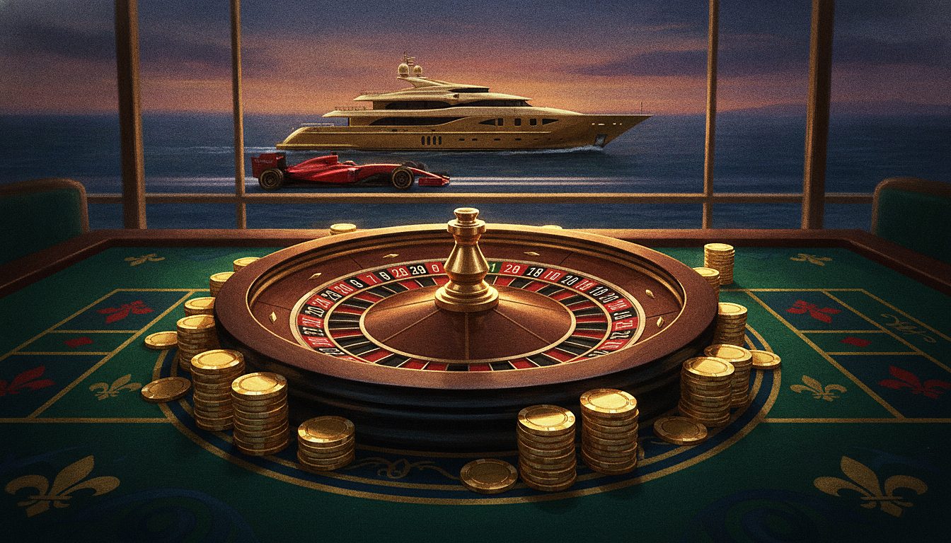 roulette wheel spinning with gold chips stacked on green felt, dramatic casino lighting